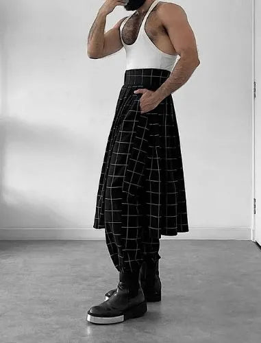 Men's plaid trousers with apron feature showing adjustable waistband and pocket details