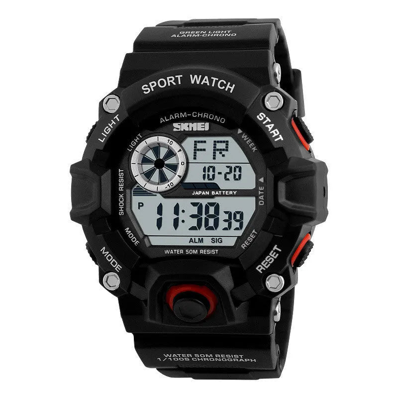 Electronic sports watch with round dial showing GMT display, available in five colours including camouflage green
