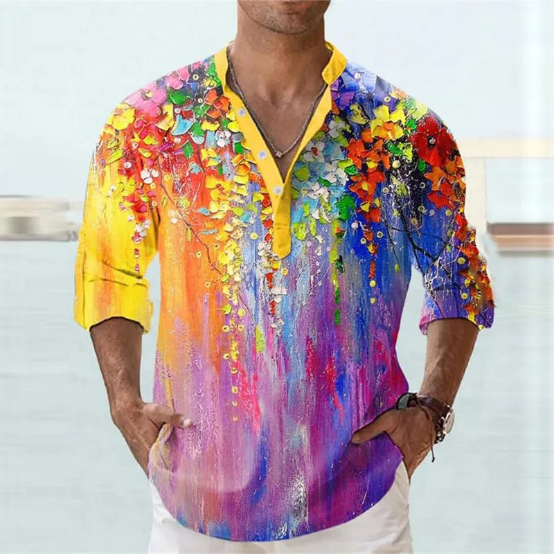 British style short sleeve shirt with stripe pattern from 3D digital thermal transfer printing on bamboo hemp fabric.
