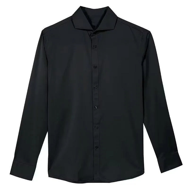 Man wearing a black loose-fit Korean style cardigan shirt with long sleeves and a Japanese retro design.