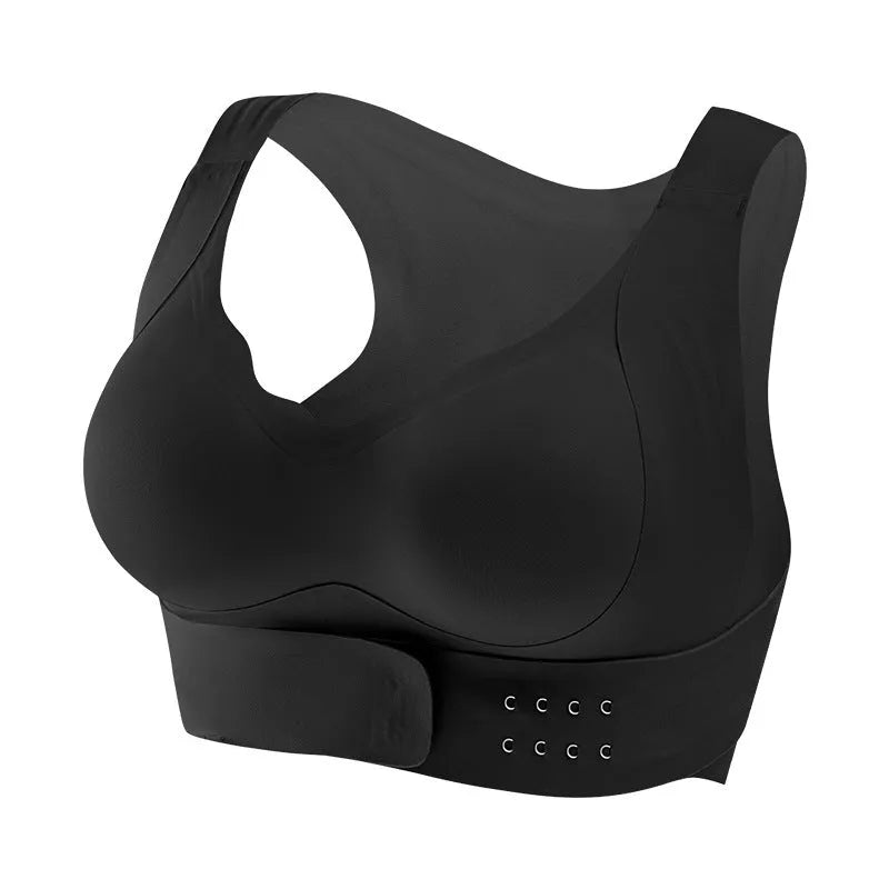Front-clasp women's yoga sports bra with adjustable criss-cross straps and a shaping back panel.