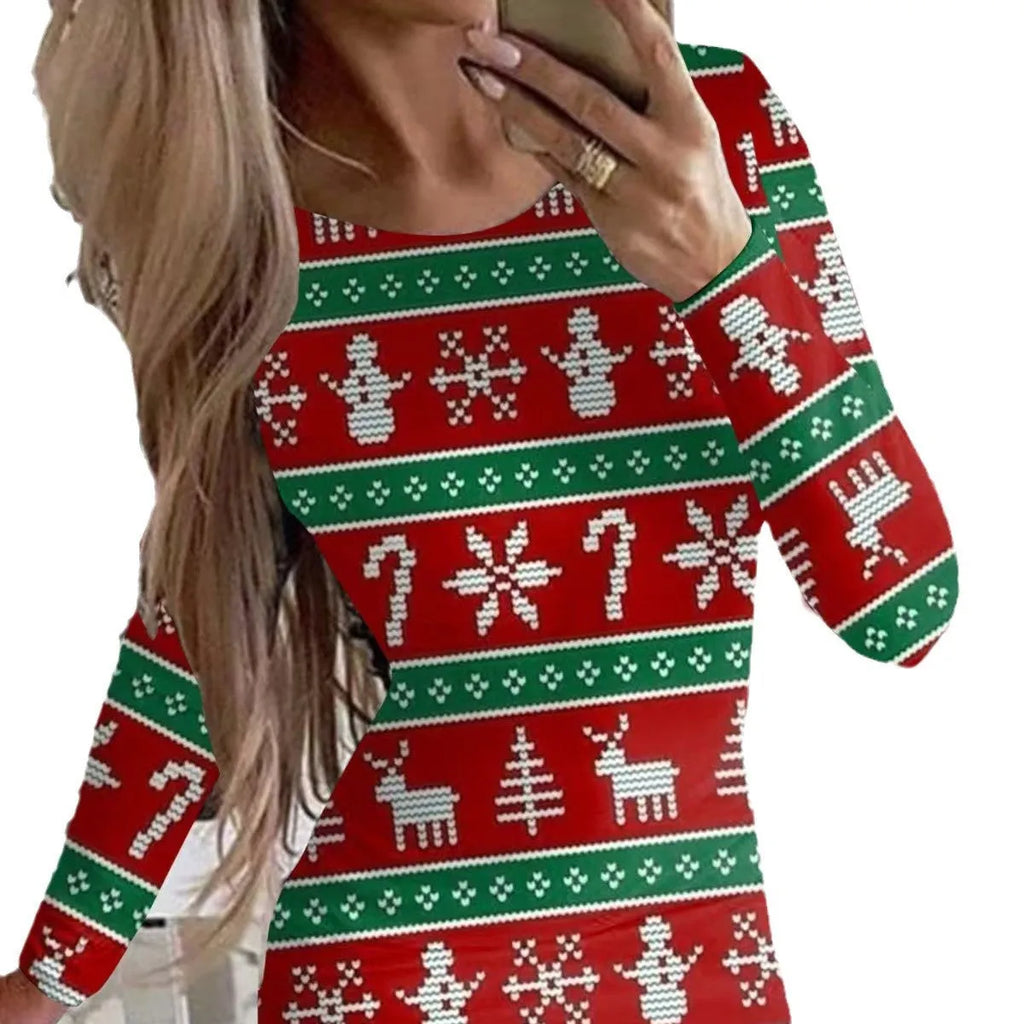 Women's red Christmas print narrow dress with animal pattern, round neck, long sleeves