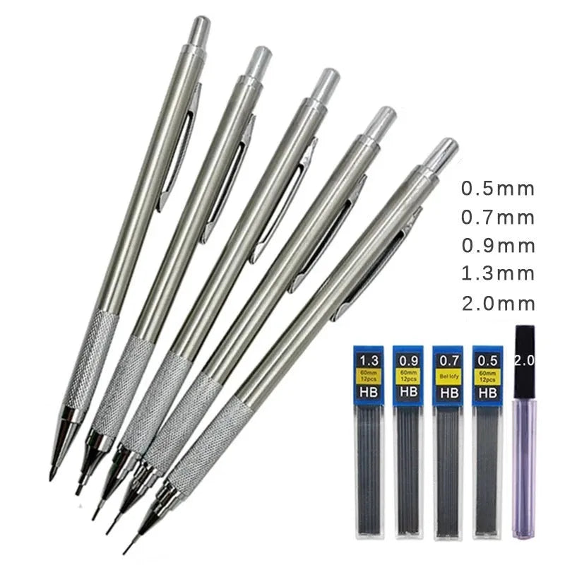 A metal mechanical pencil for drafting and writing with multiple lead size options.