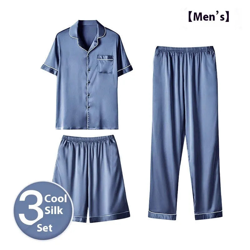 Men's ice silk three-piece homewear suit in a choice of colours including black, blue and champagne.