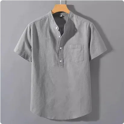 Men's beige linen casual shirt with stand collar and short sleeves in loose fit