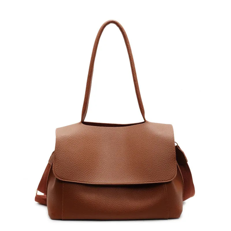 Vintage casual PU leather tote bag in horizontal square shape with double shoulder straps