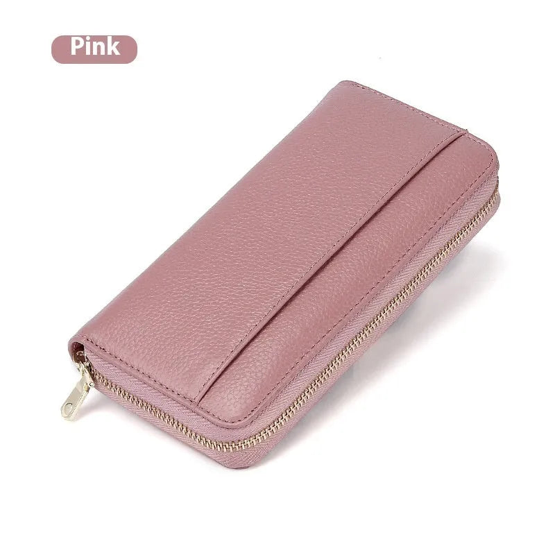 Genuine leather long wallet for women in multiple colours with large capacity and anti-theft card slots.