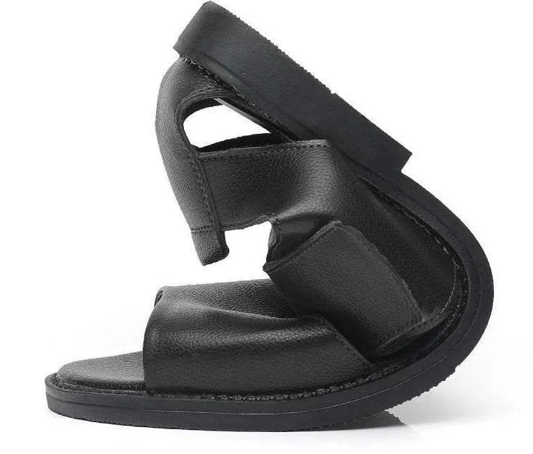 Men's black and brown leather Roman sandals with open-toe design and rubber soles