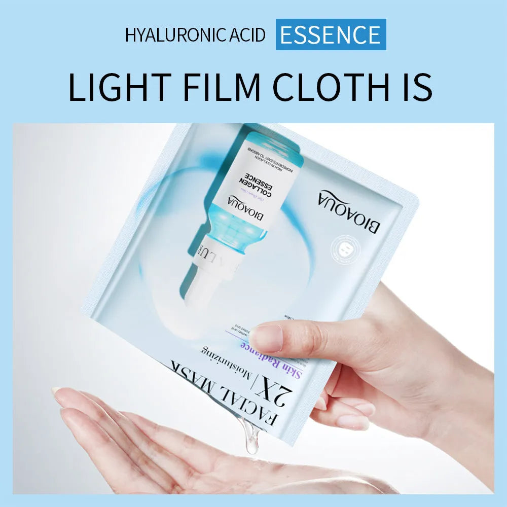Collagen and Hyaluronic Acid facial sheet mask set with 30g gel formula on white background