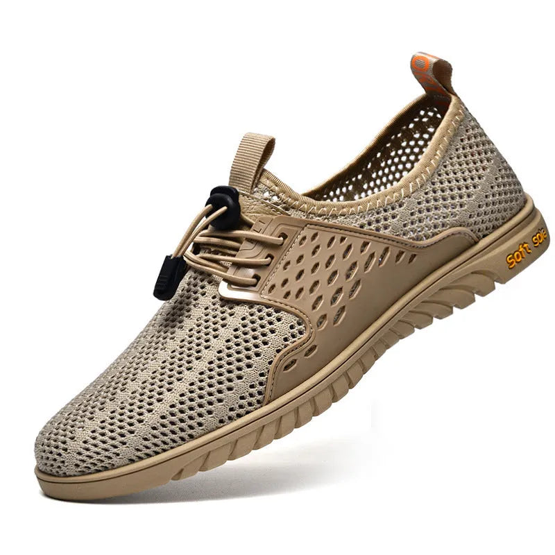 Men's grey mesh casual slip-on shoes with elastic band and rubber sole.