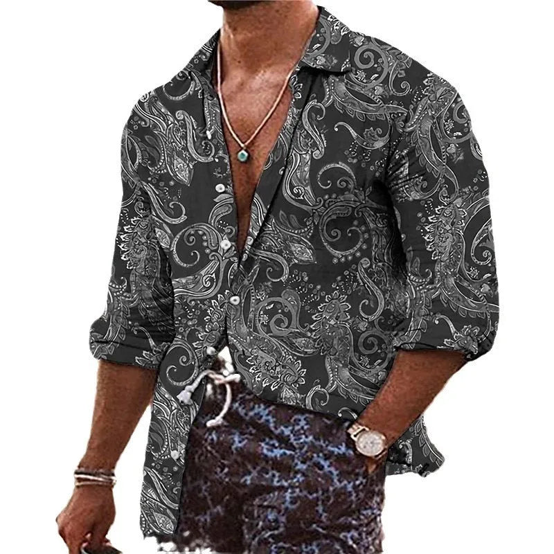 Men's loose fit bohemian shirt with detailed 3D floral pattern printing on polyester fabric