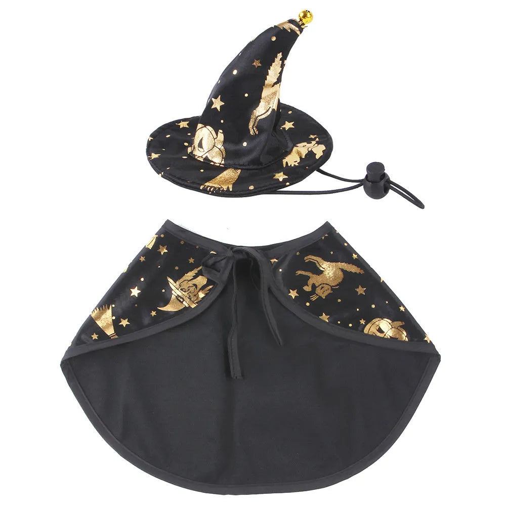 Dog wearing a Halloween cloak suit with a matching hat in a British-style design, available in multiple sizes.