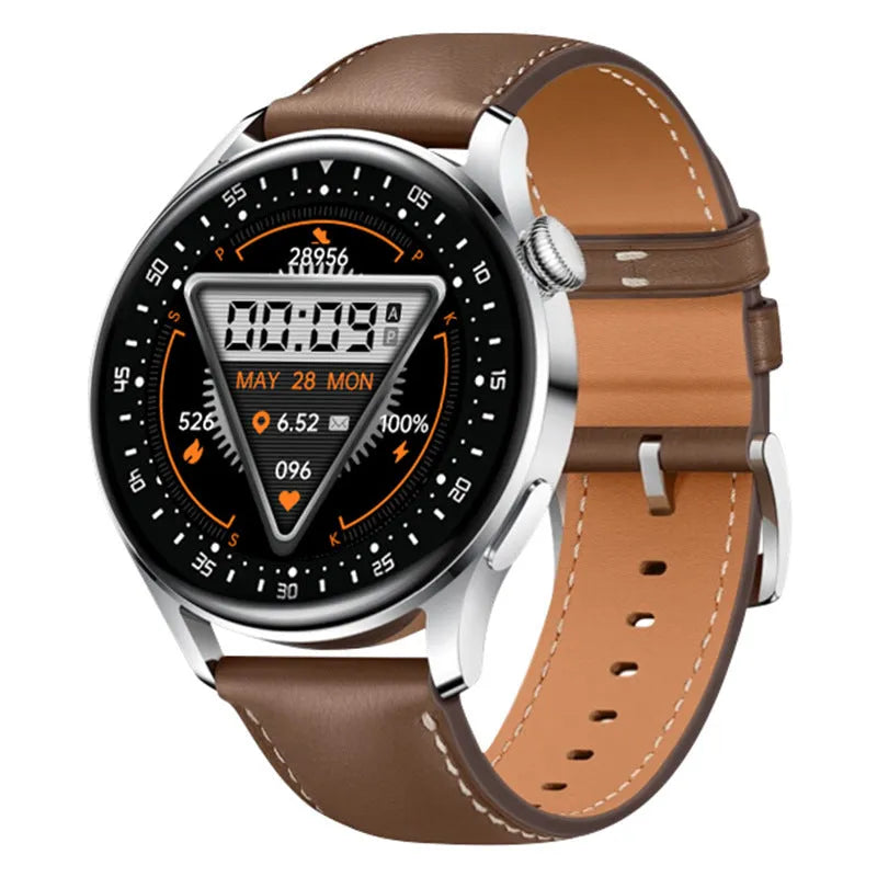 Smart watch with 1.32-inch touchscreen display showing health metrics on leather wristband
