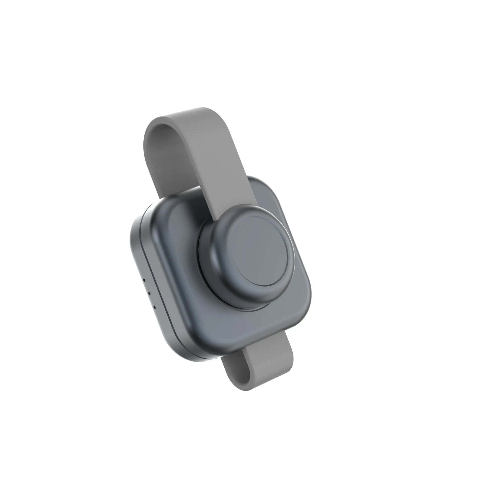 Three-in-one magnetic wireless charger stand in dark grey with a smartphone, watch, and earphones placed on it