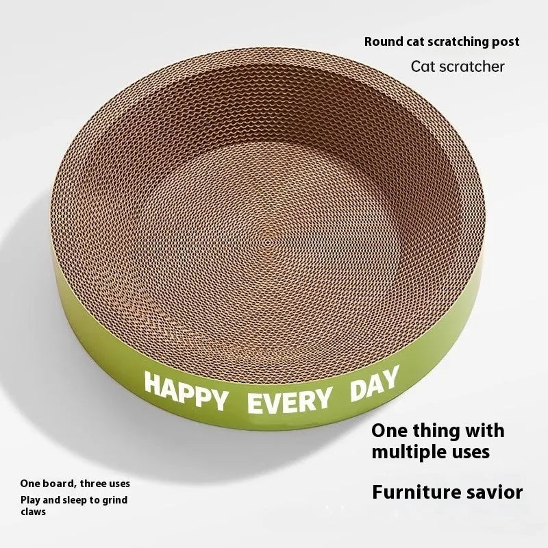 Green round cat nest with integrated scratching surface, shown in 50cm and 55cm size options.