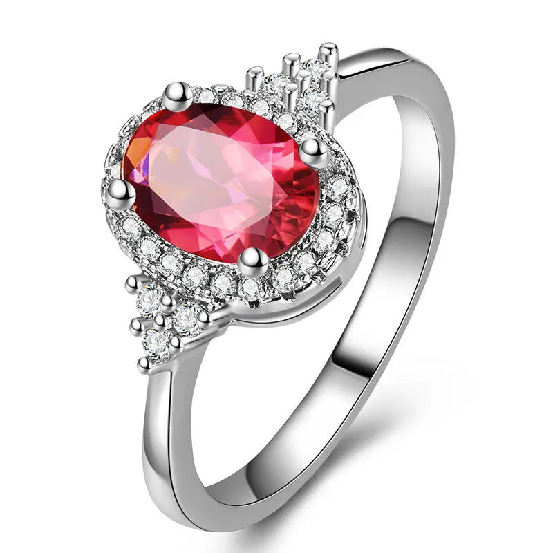 Oval ruby ring with diamond treatment in ruby white gold colour, adjustable copper women's ring