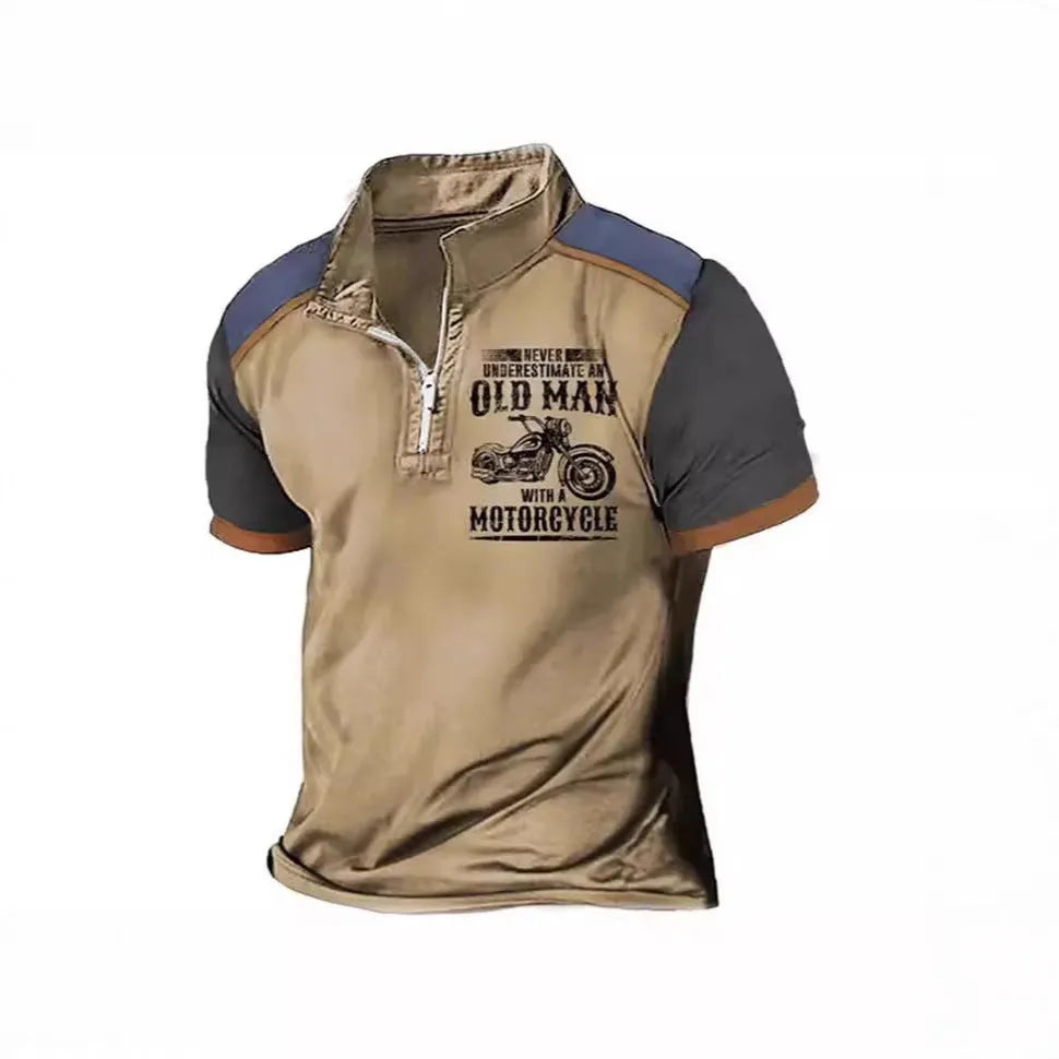 Men's casual polo shirt with lapel, zip decorations, and digital letter print in various colours.