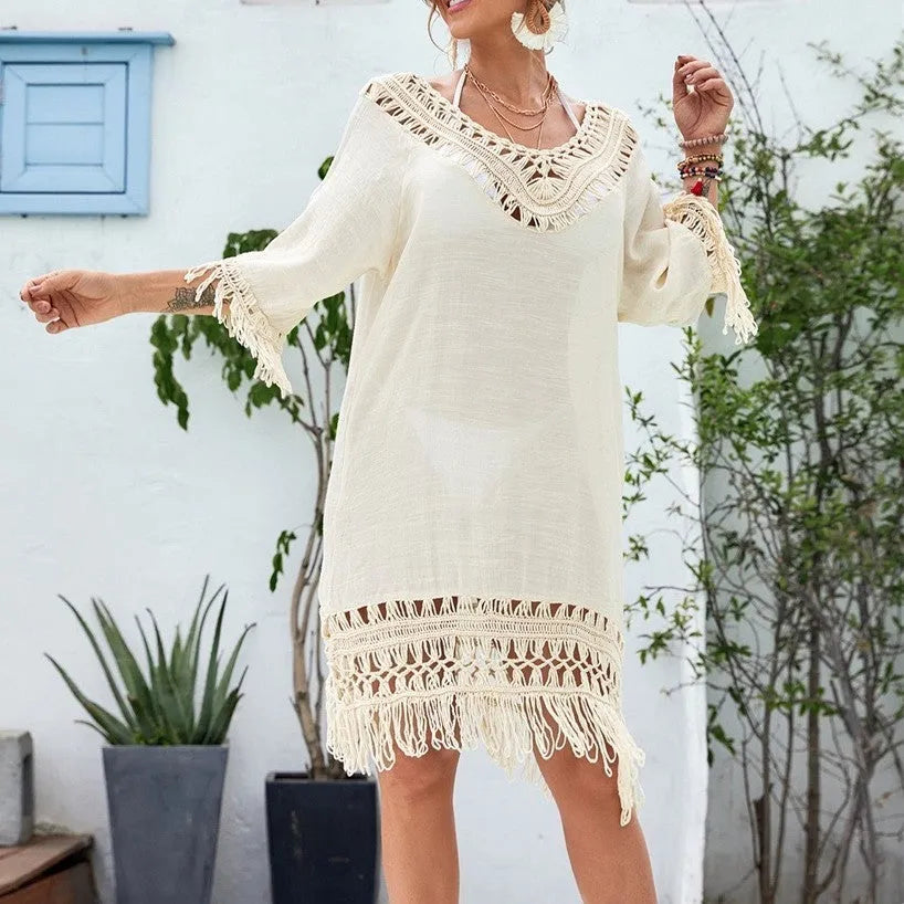 Women's apricot crocheted patchwork dress with mid-length skirt and regular sleeves
