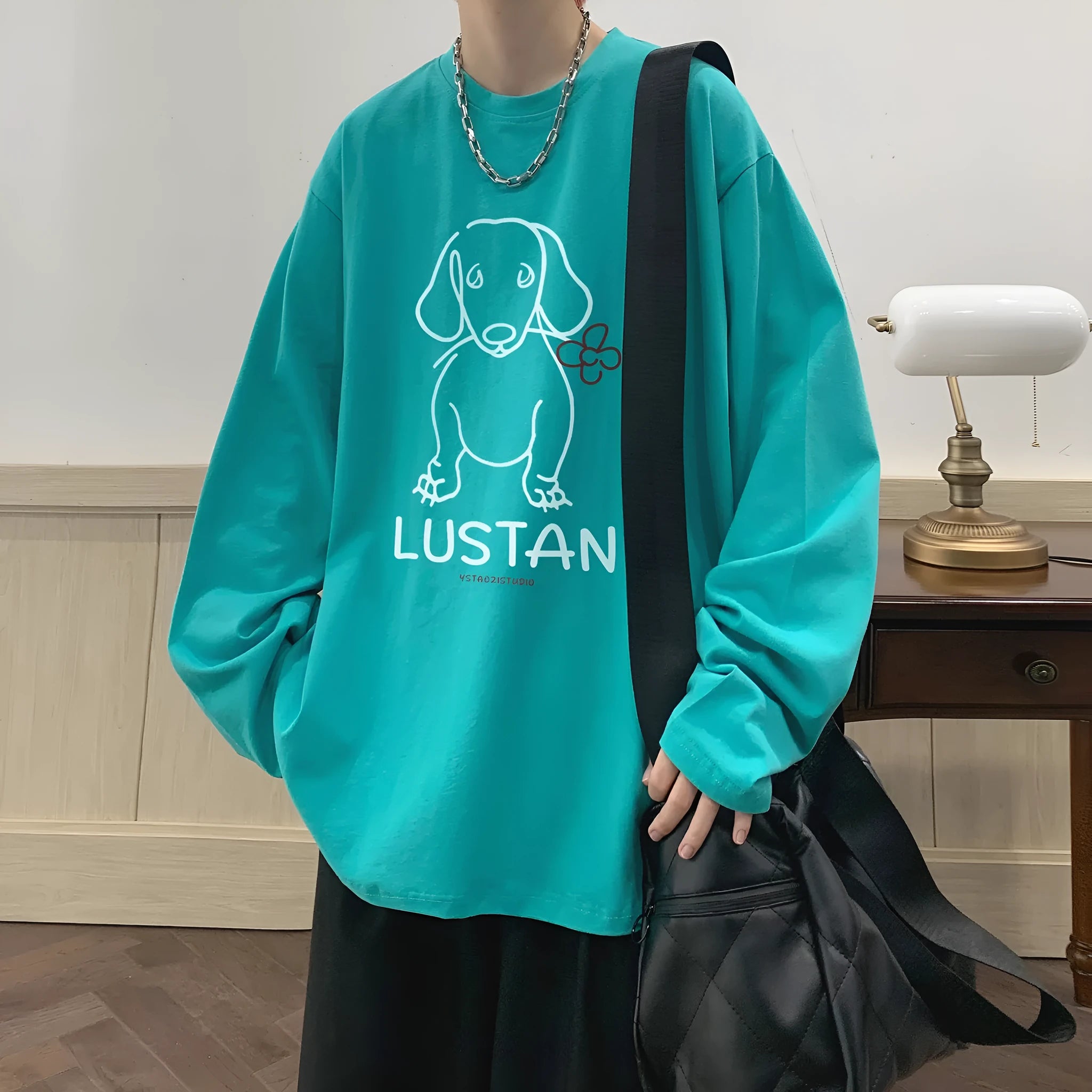 Cartoon puppy printed long sleeve cotton T-shirt in loose fit, available in multiple colours and sizes M to 5XL
