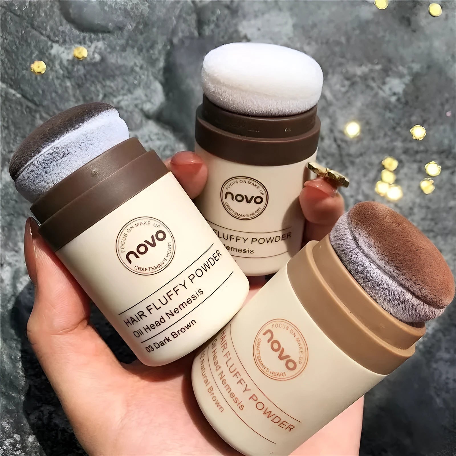 Oil control booster powder for face and bangs in three shade options: transparent, brown, and dark brown