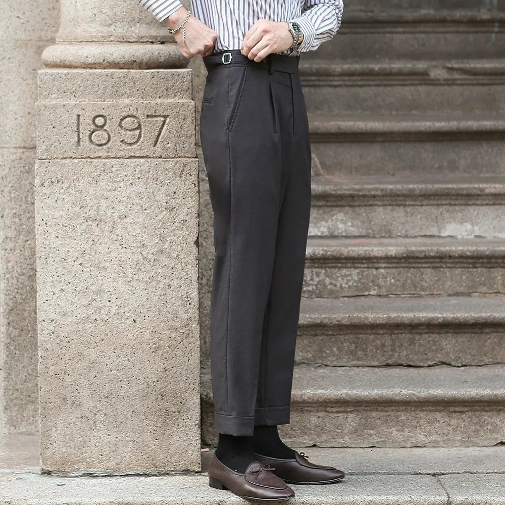 Men's retro straight-leg trousers in dark grey khaki with ironing finish