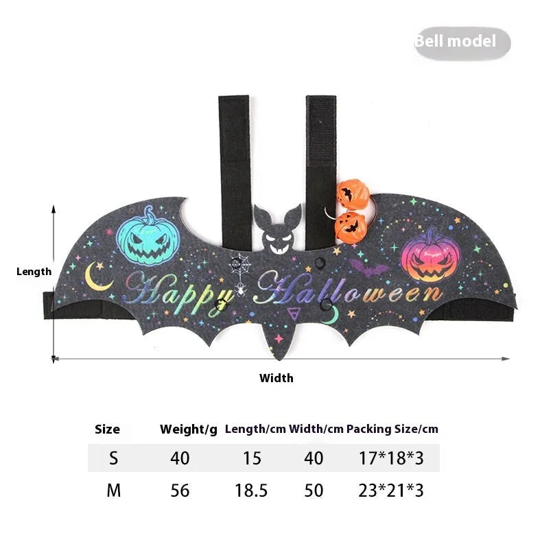 Black felt batwing Halloween costume for a cat, shown in pumpkin bat design