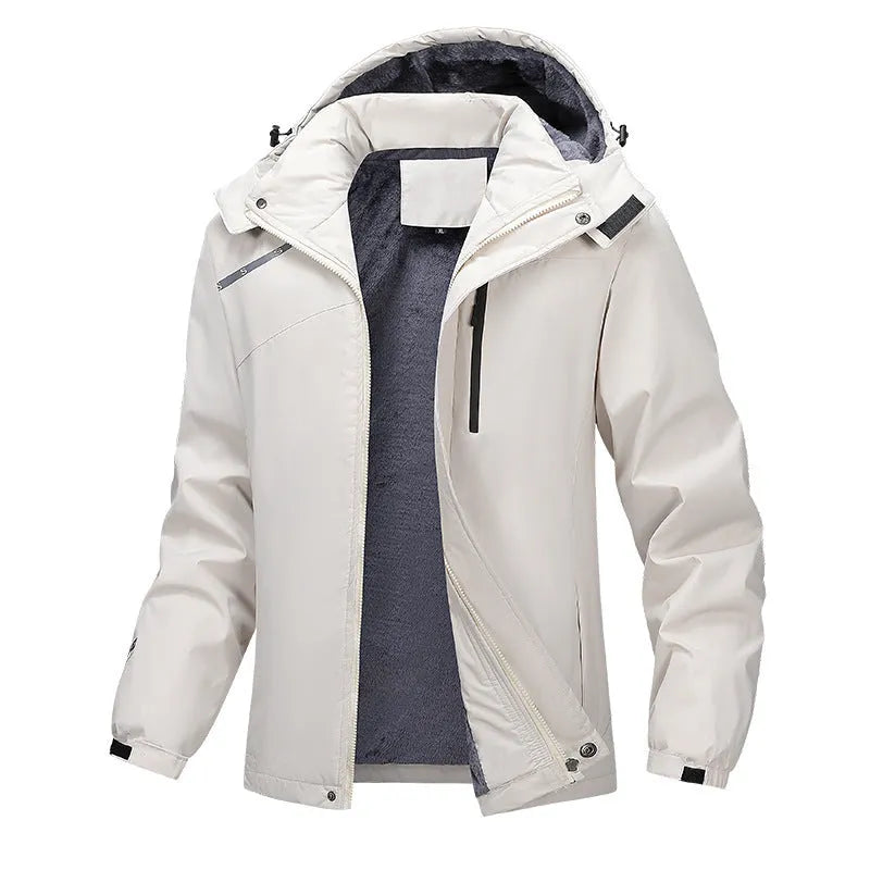 A man's loose-fitting hooded waterproof coat in army green, shown on a hanger.