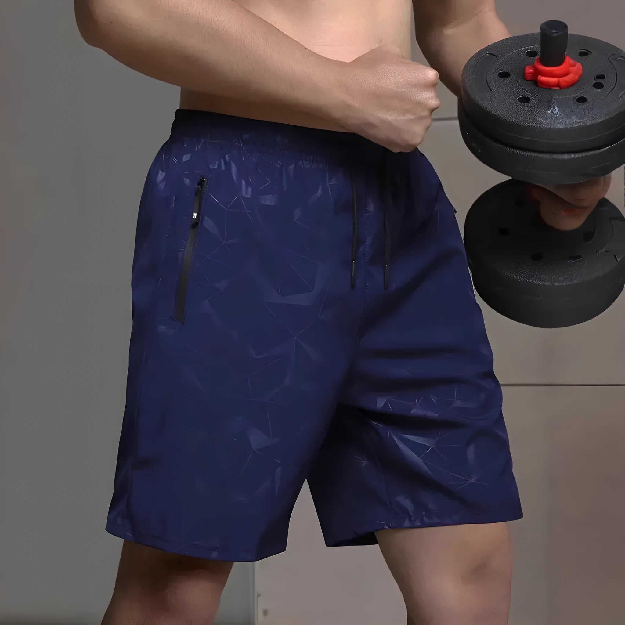 Men's loose-fit sports shorts in polyester with elastic waistband, available in black grey blue colours