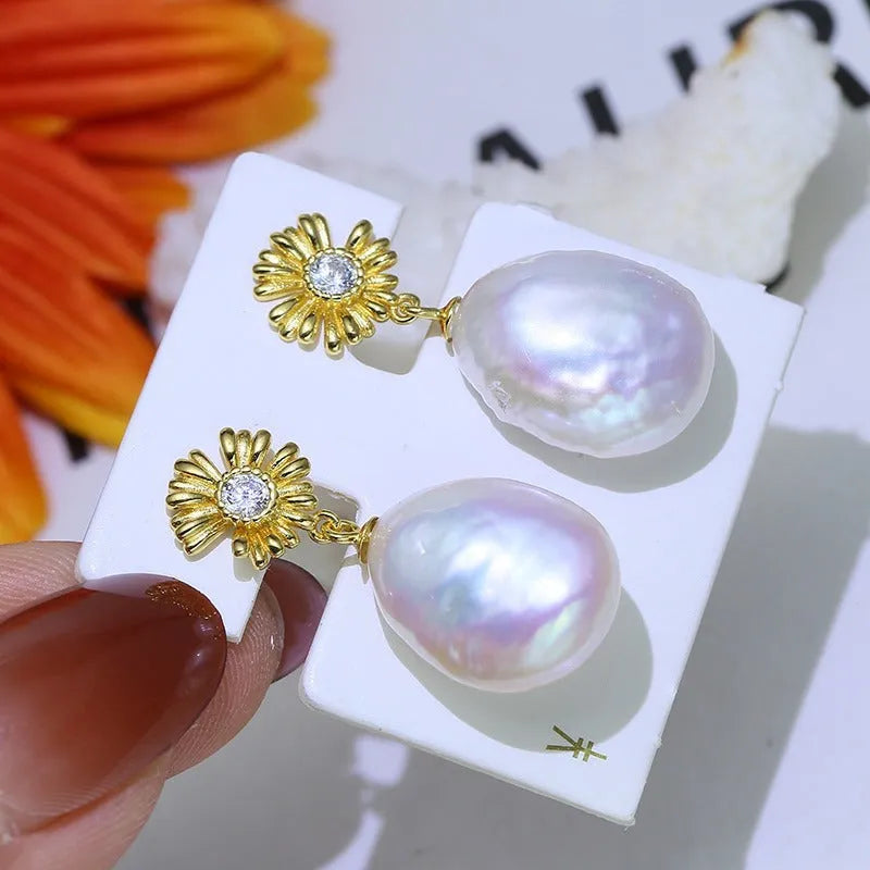 Baroque floral design sterling silver earring holder ring with matching drop earrings