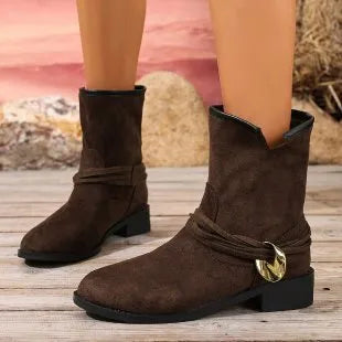 Women's casual metal buckle slip-on Martin boots, pointed toe, low shaft, rubber sole, khaki colour
