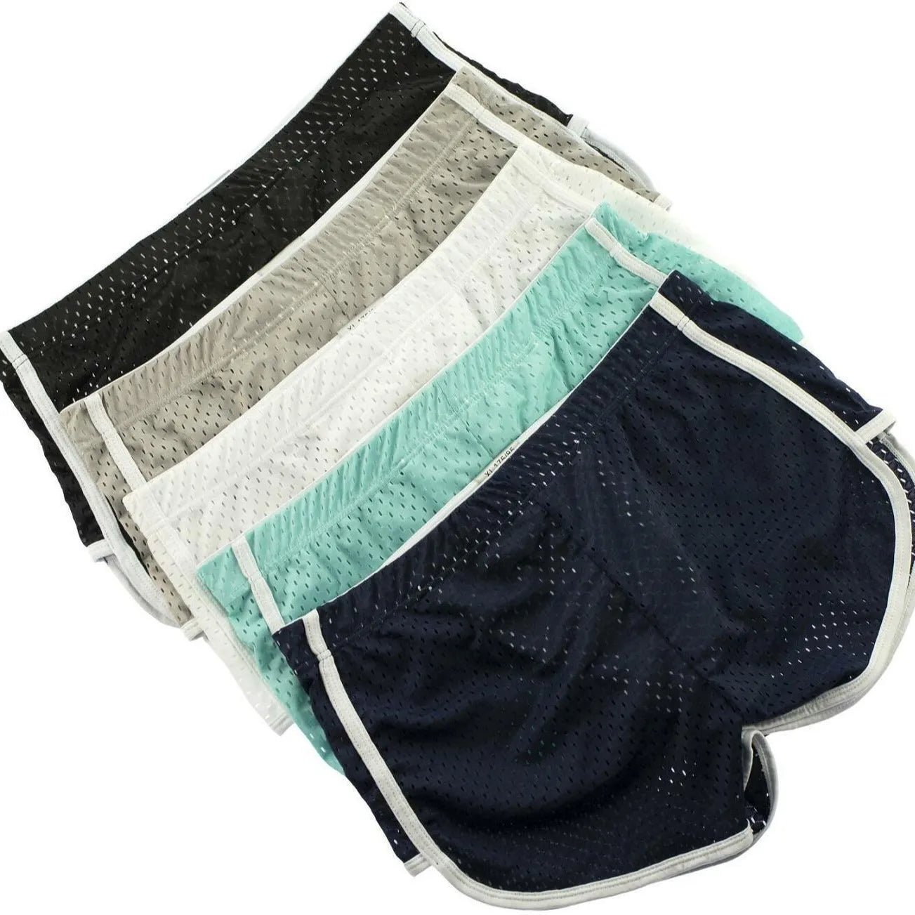 Men's knitted cotton three-point boxer shorts in black, grey, blue, and white colours laid flat.