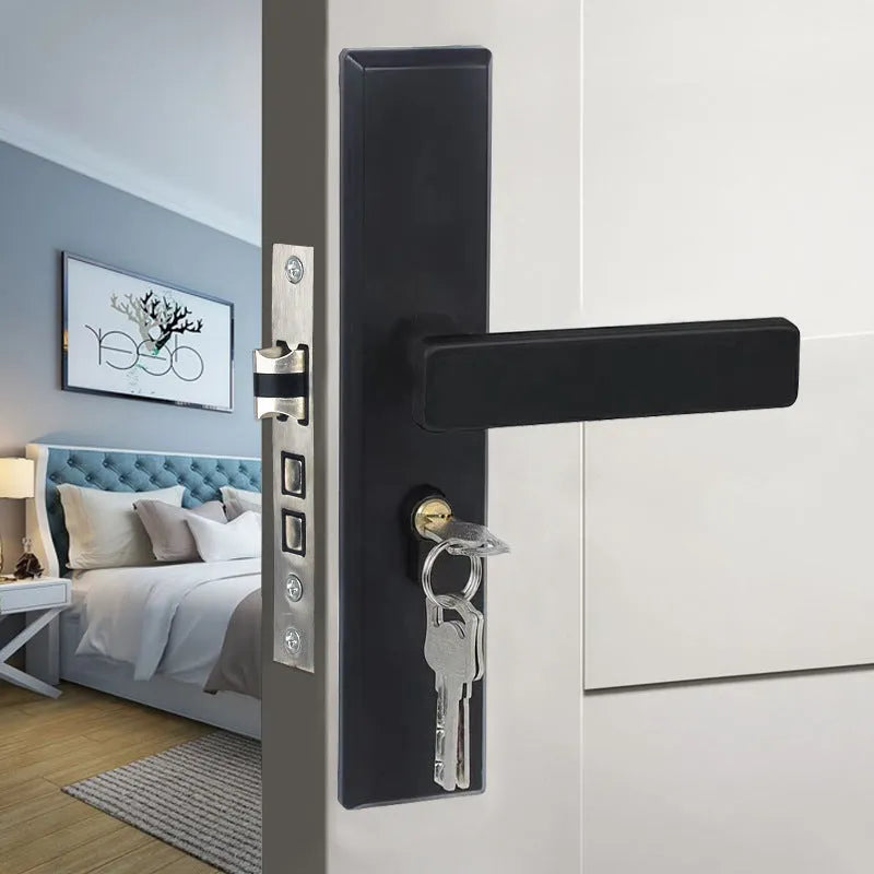 Aluminium split magnetic door lock handle for timber doors in black and silver finish.
