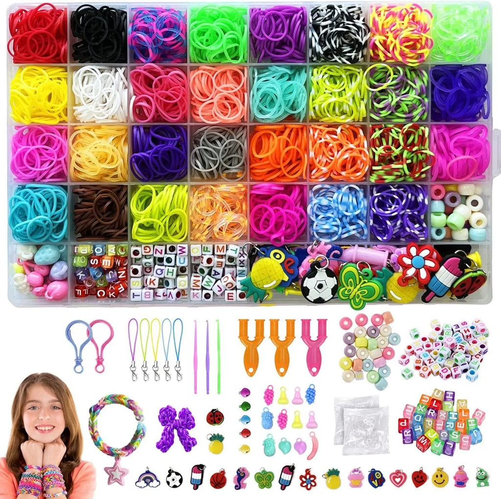 Rainbow rubber band hand-woven DIY bracelet kit in a box with 40 grid colour cells and TPR bands