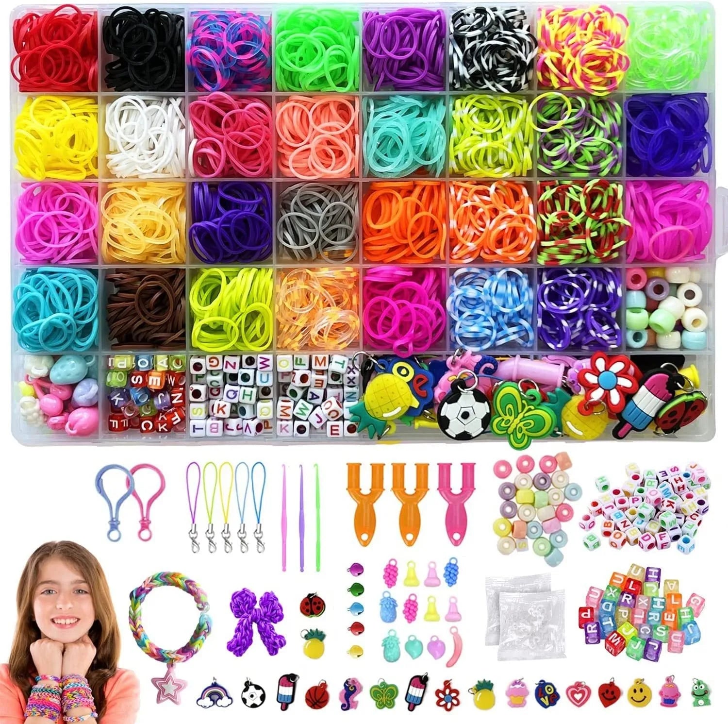 Rainbow rubber band hand-woven DIY bracelet kit in a box with 40 grid colour cells and TPR bands