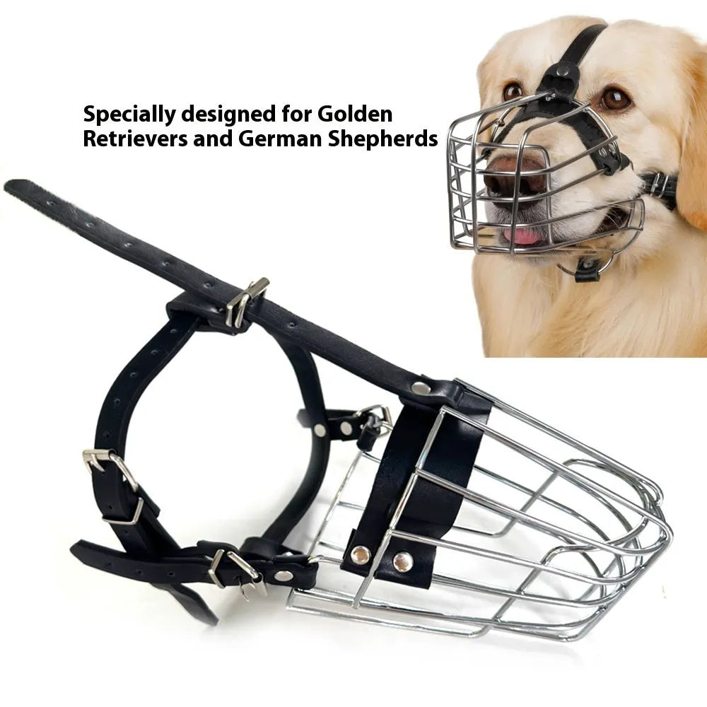 Black metal dog muzzle designed for golden retriever and German shepherd breeds.