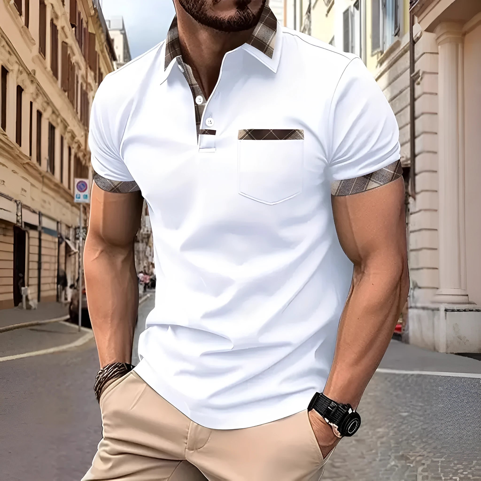 Men's loose fit plaid colourblock t-shirt with short sleeves and zipper decorations.