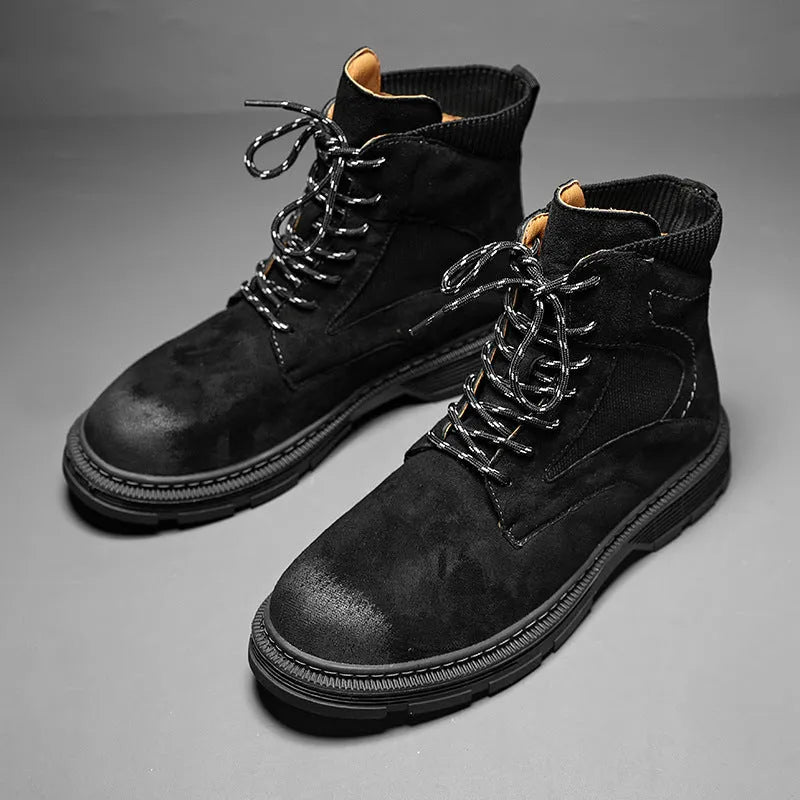 Men's vintage Martin boots in black with microfiber leather upper and round toe design