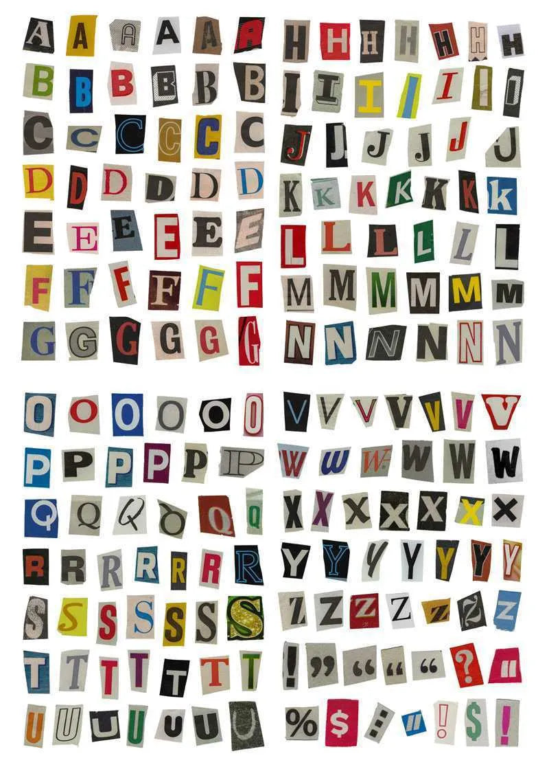Set of printed cute-style stickers showing English letters A, B, C, D, E, numbers, symbols, and weekly words on a sheet.