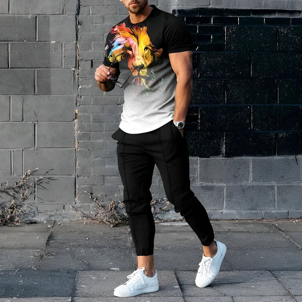 Man wearing a printed short-sleeve pullover and matching trousers from a thin polyester sports suit set.