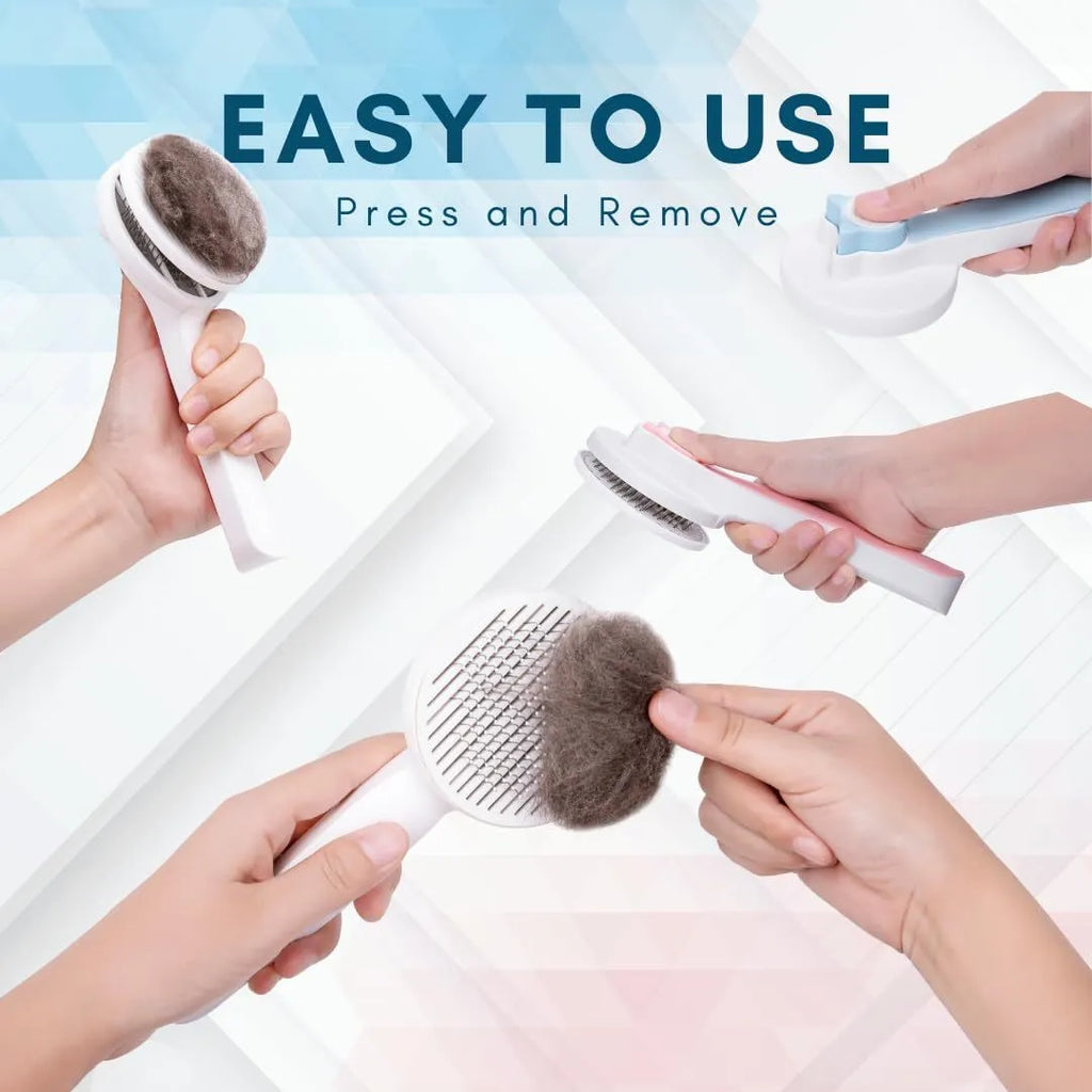 Blue self-cleaning slicker brush for dogs and cats on a table, showing ergonomic rubber handle and stainless steel pins.