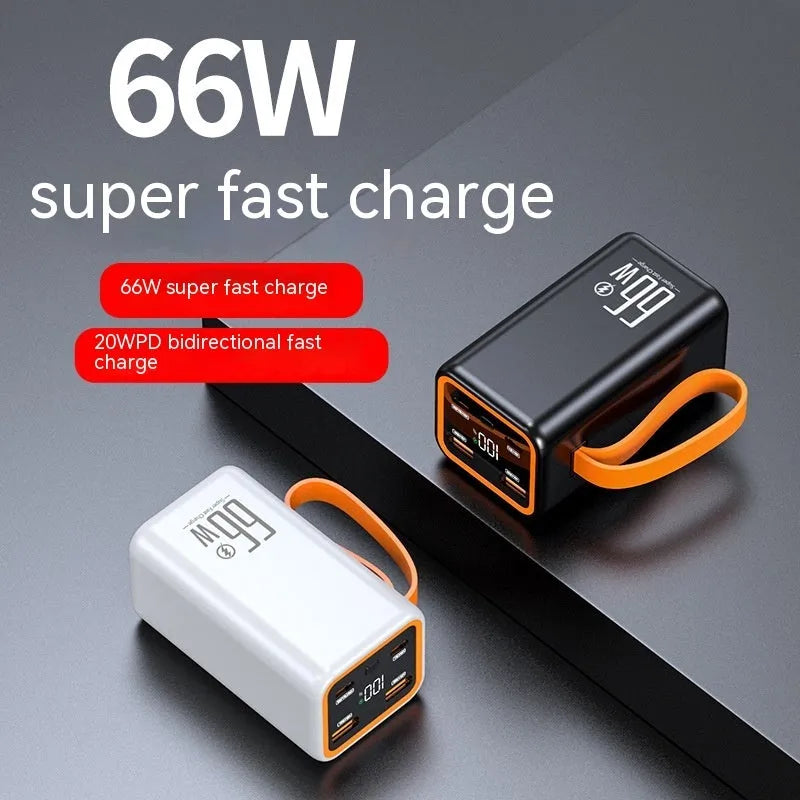 Black and white PD66W fast-charge 20000mAh portable power bank showing compact size.