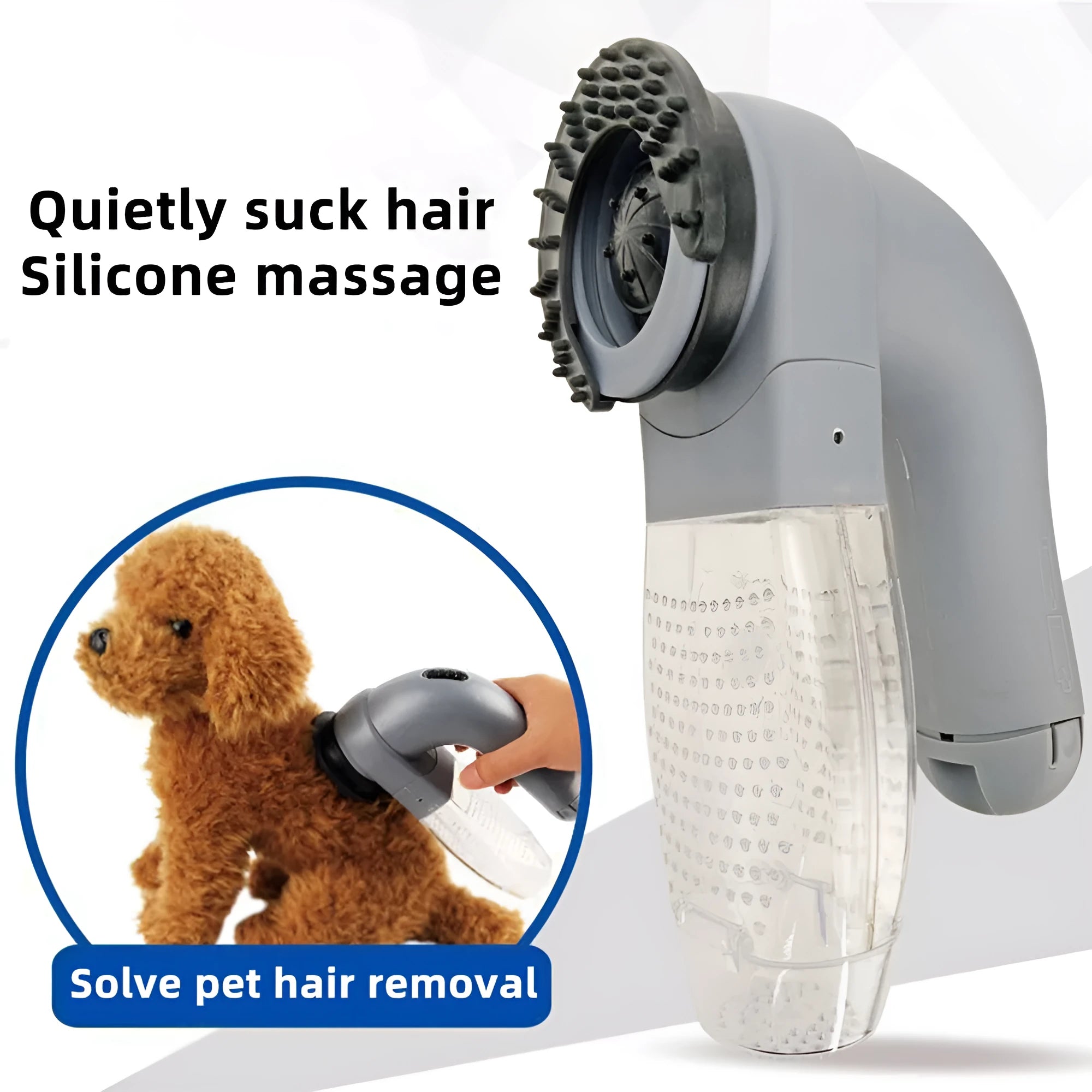 Grey portable electric pet hair vacuum cleaner with soft rubber brush head for dogs and cats