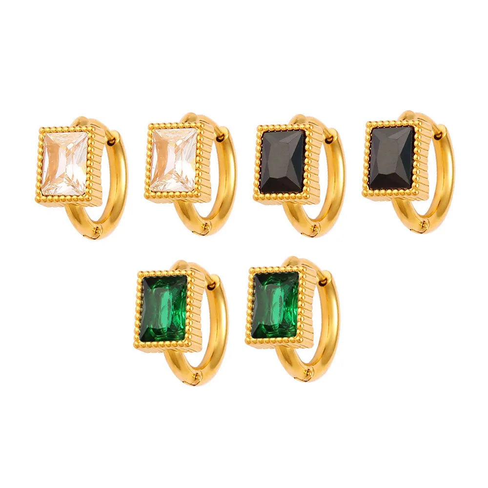 Square zircon stainless steel geometric earrings in black, green and white colours