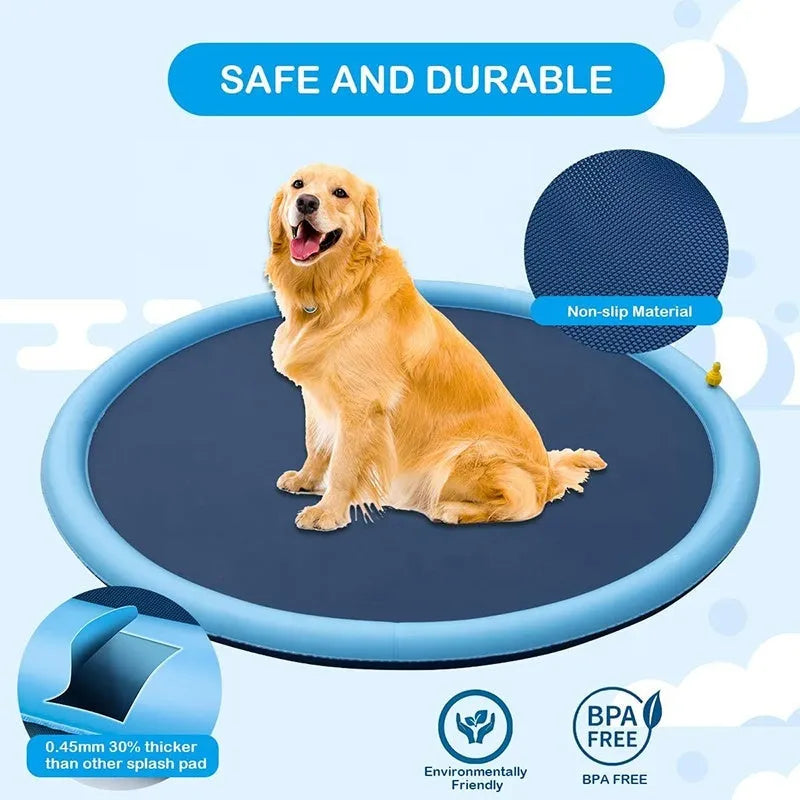 Anti-slip textured dog splash pad sprinkler mat for outdoor water play, shown in a garden.