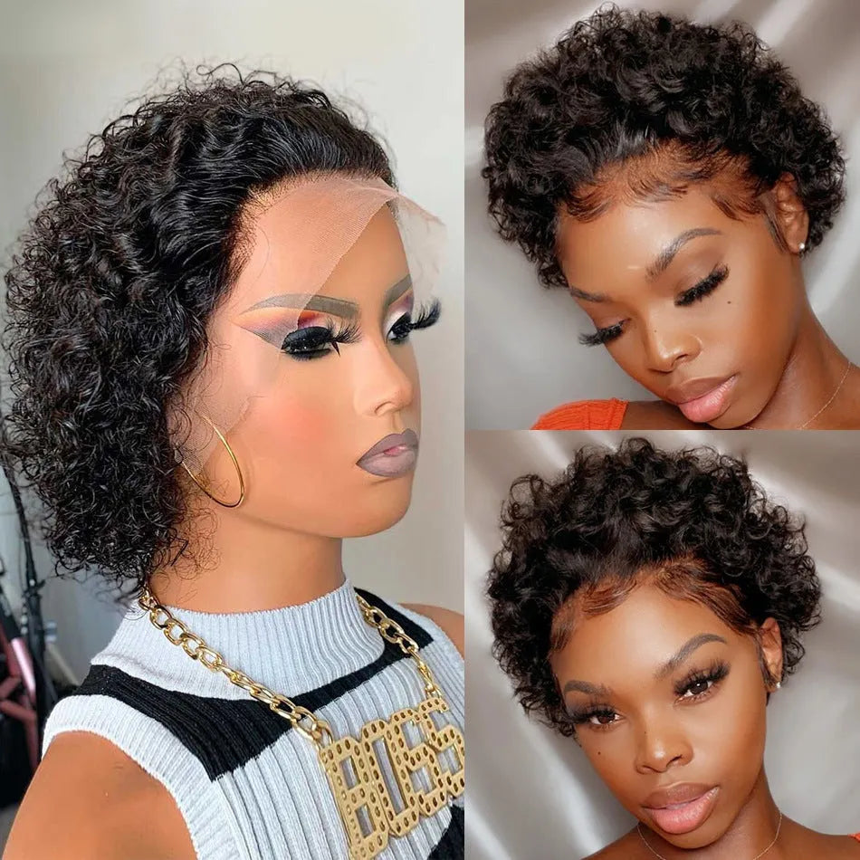 Black lace front human hair pixie wig in 13x1 colour blend