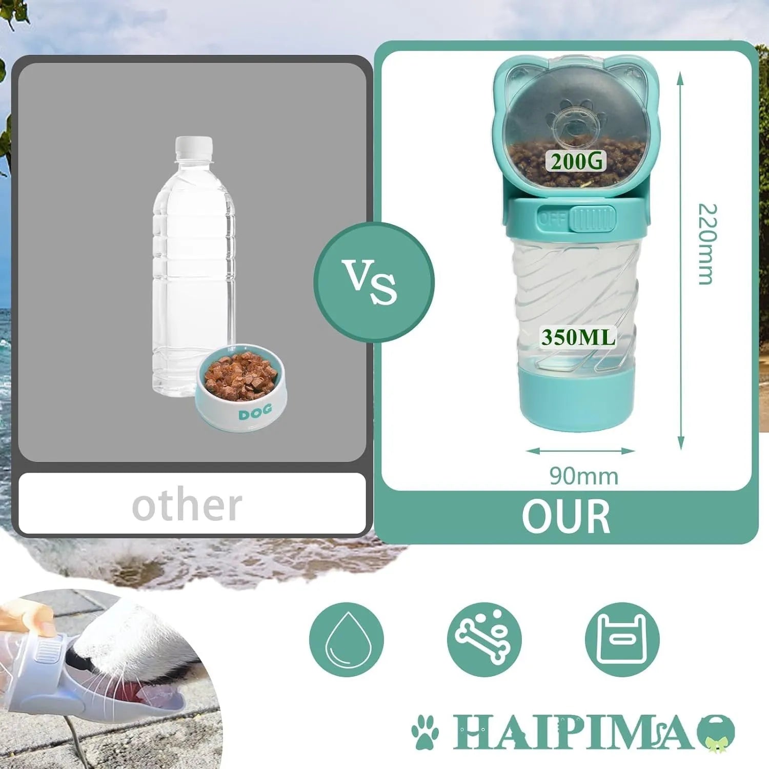3-in-1 portable pet water bottle with food container and waste bag dispenser in green pink white colours