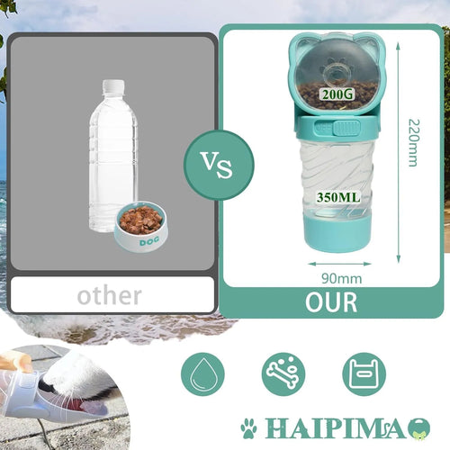 3-in-1 portable pet water bottle with food container and waste bag dispenser in green pink white colours