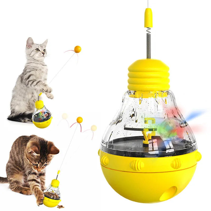 Electric yellow cat interactive toy wand with bouncing ball, ribbon teaser, and rotating food dispenser base