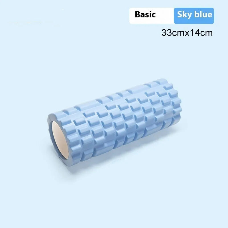 EVA foam roller for fitness in various colours and sizes on a gym floor.