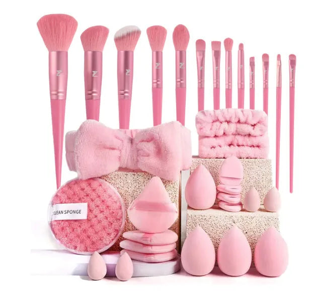 Hydrophilic non-latex beauty tools set with brushes in brown, pink, and purple colours for face washing and makeup